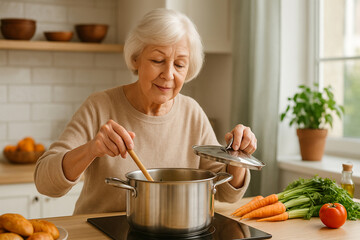 Elderly woman cooking soup in cozy kitchen with fresh vegetables
