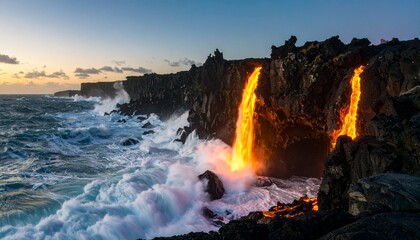 Fototapeta premium La lava fundida cae en cascada vigorosamente desde formaciones rocosas oscuras y escarpadas, proyectando una luz naranja brillante sobre el paisaje. Las olas rompen con fuerza contra la orilla rocosa,