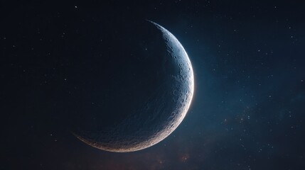Crescent moon glowing in the dark night sky, a celestial scene of cosmic beauty.