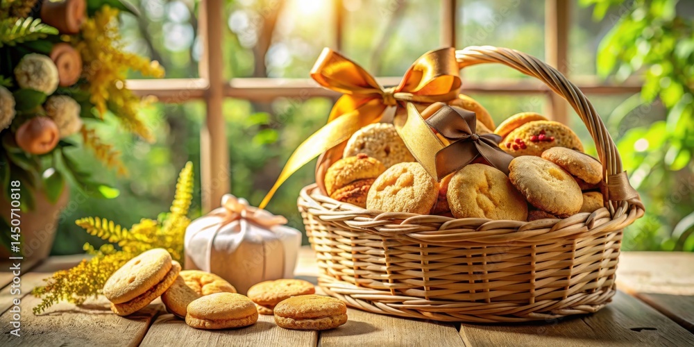 Poster a rustic wicker basket overflowing with freshly baked cookies, adorned with a golden ribbon, sits on