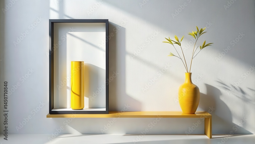 Poster a minimalist aesthetic with a yellow vase and a black frame on a golden shelf against a white wall w