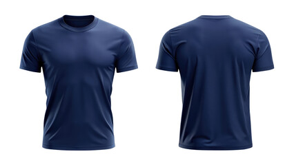 navy blue t shirt round neck front and back side template isolated on transparent white background, clipping path