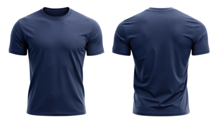 navy blue t shirt round neck front and back side template isolated on transparent white background, clipping path