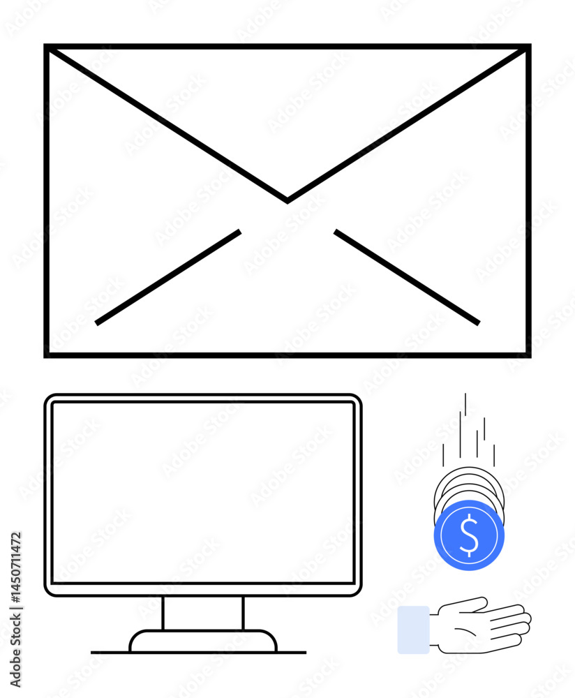 Poster envelope symbol, computer monitor, and coins dropping into a hand visualizing email notifications, o