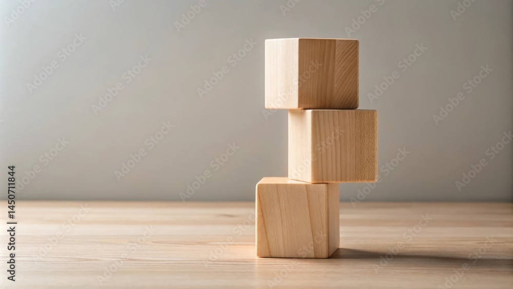 Aufkleber a stack of three wooden cubes on a wooden tabletop with a minimalist background