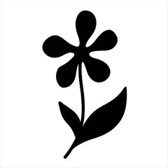 Simple and bold black flower silhouette with stem and two leaves