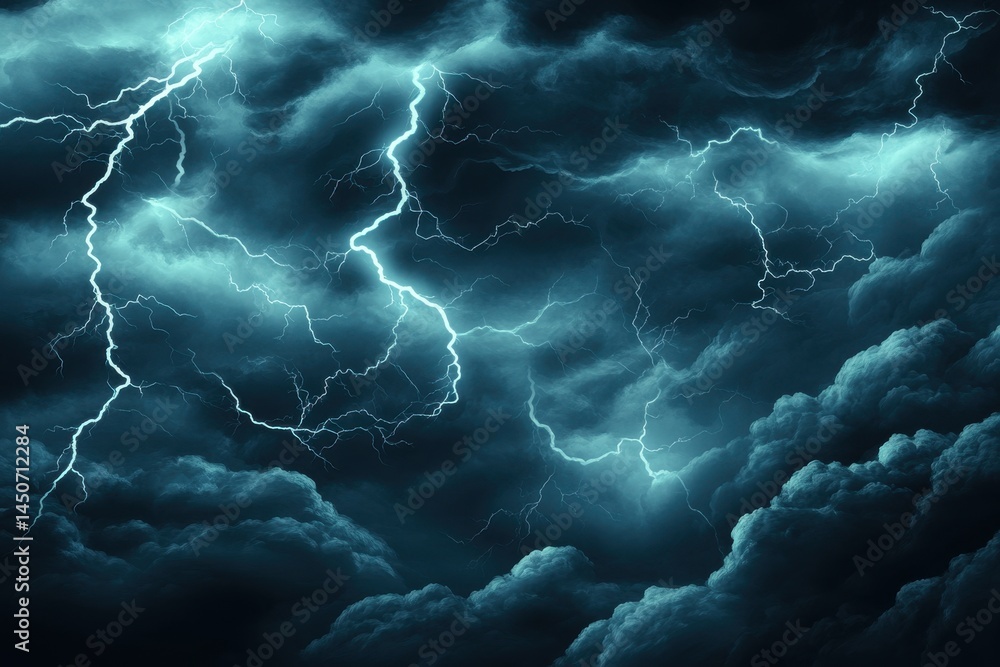 Poster dark storm clouds with dramatic lightning illuminating the sky during a turbulent afternoon, dark an