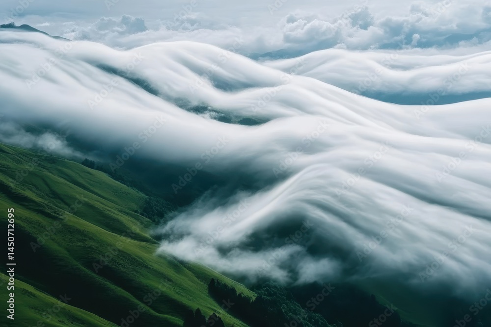 Poster timelapse of changing white cloud shapes above green hills under overcast sky, time-lapse of the sha