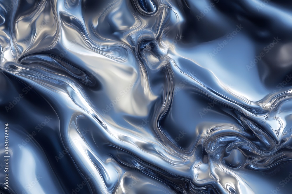 Poster wavy metallic surface reflecting blue and silver light, creating an abstract and futuristic backgrou