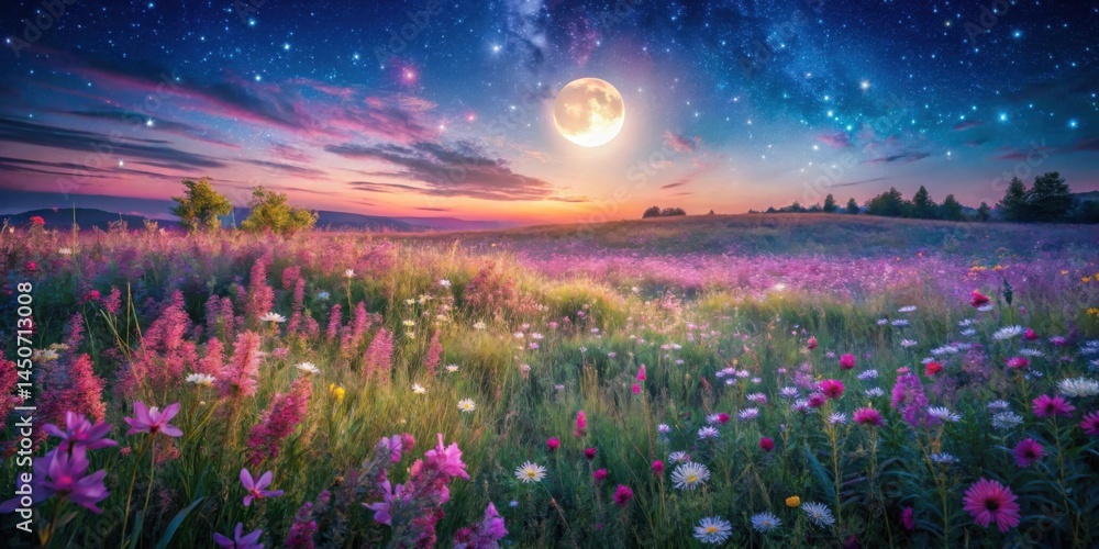 Poster a serene summer evening with a full moon illuminating a field of wildflowers beneath a canopy of twi