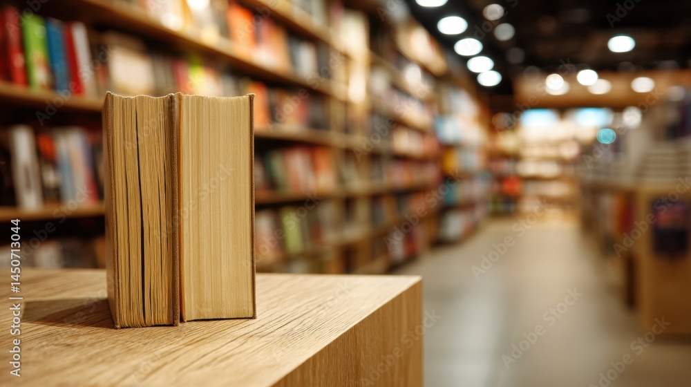 Poster two vintage books standing on a wooden table in a bookstore with blurred bookshelves in the backgrou