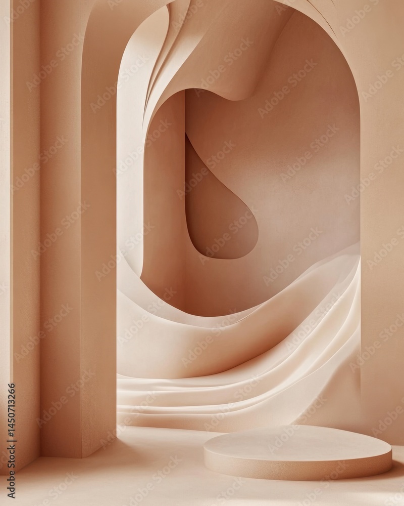 Poster elegant beige abstract architecture with smooth curves and platform for product display in a minimal
