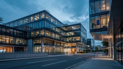 Modern Glass Office Building at Dusk, City Street View