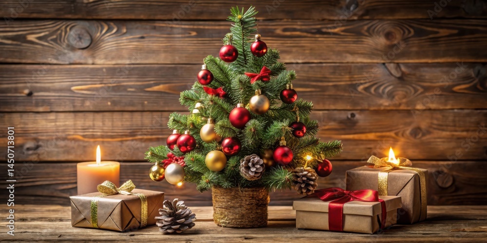 Poster a festive christmas tree adorned with ornaments and surrounded by gifts and candles on a rustic wood