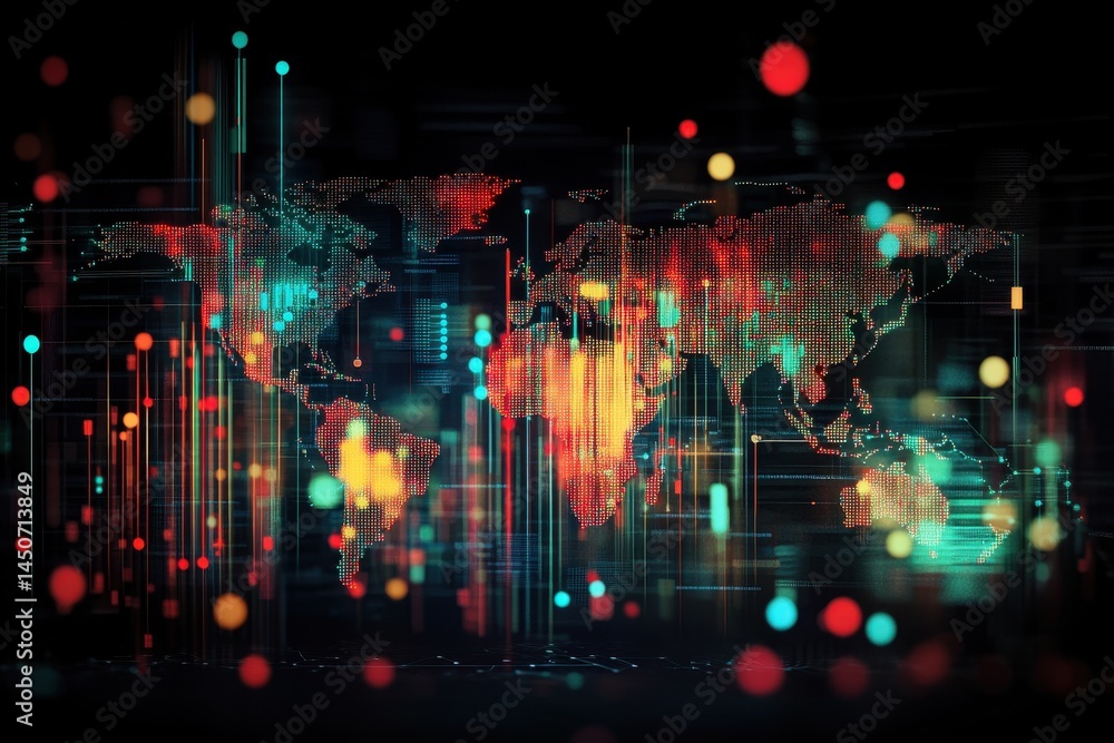 Poster digital data processing visualizes information flow over world map and globe, digital data processin