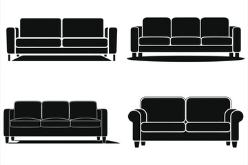 Four Different Styles of Modern Sofas Vector Silhouettes/Set of four simple black and white silhouette illustrations of various sofa styles (two-seater, three-seater).