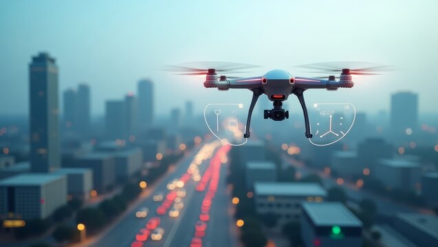 Futuristic aerial surveillance drone with glowing data overlay — ideal for logistics, traffic control, and civil engineering projects