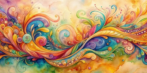 A vibrant watercolor painting depicting a swirling, flowing design of abstract floral patterns in shades of yellow, orange, blue, green, and purple.