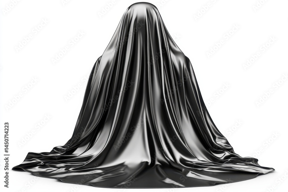 Poster mysterious form under gleaming black fabric elegant drape concealing object on white