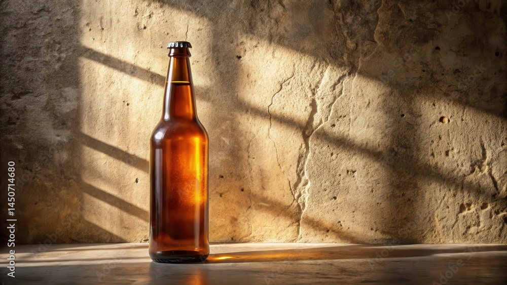 Poster a single bottle of beer illuminated by sunlight streaming through a window in a rustic setting
