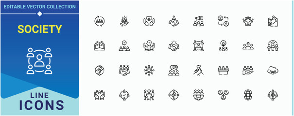 Society icon set. Containing trust, people, support, human, collaboration and more. Community simple icon set. Trendy minimal icons. Editable stroke. Vector illustration.