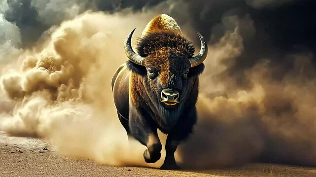 Majestic bison charging through a dusty landscape with dramatic clouds in the background