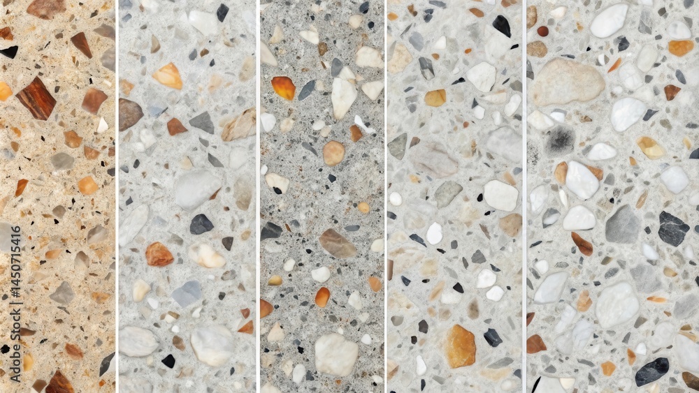 Poster a collection of five diverse aggregate patterns with various stone sizes, colors, and arrangements, 