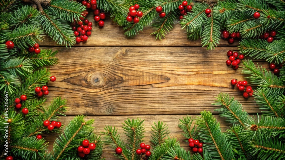 Aufkleber festive christmas background with pine branches and red berries on rustic wood