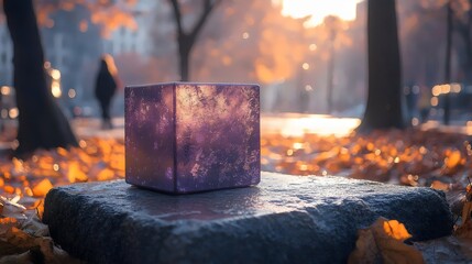 A glowing purple cube on a stone block in a vibrant autumn park scene with fallen leaves.