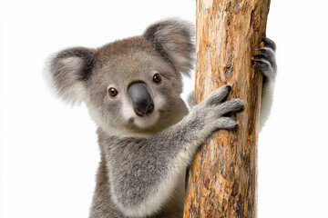 Fototapeta premium Koala climbing a tree branch while looking at the camera in a natural setting