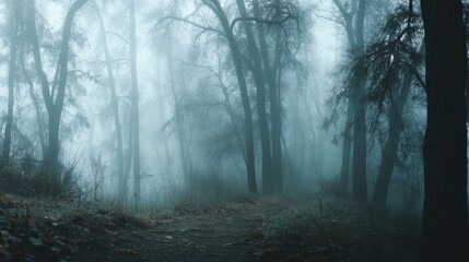 Obraz premium A mysterious path winds through a fog-laden forest, the trees shrouded in an ethereal mist. The scene is both serene and slightly eerie.