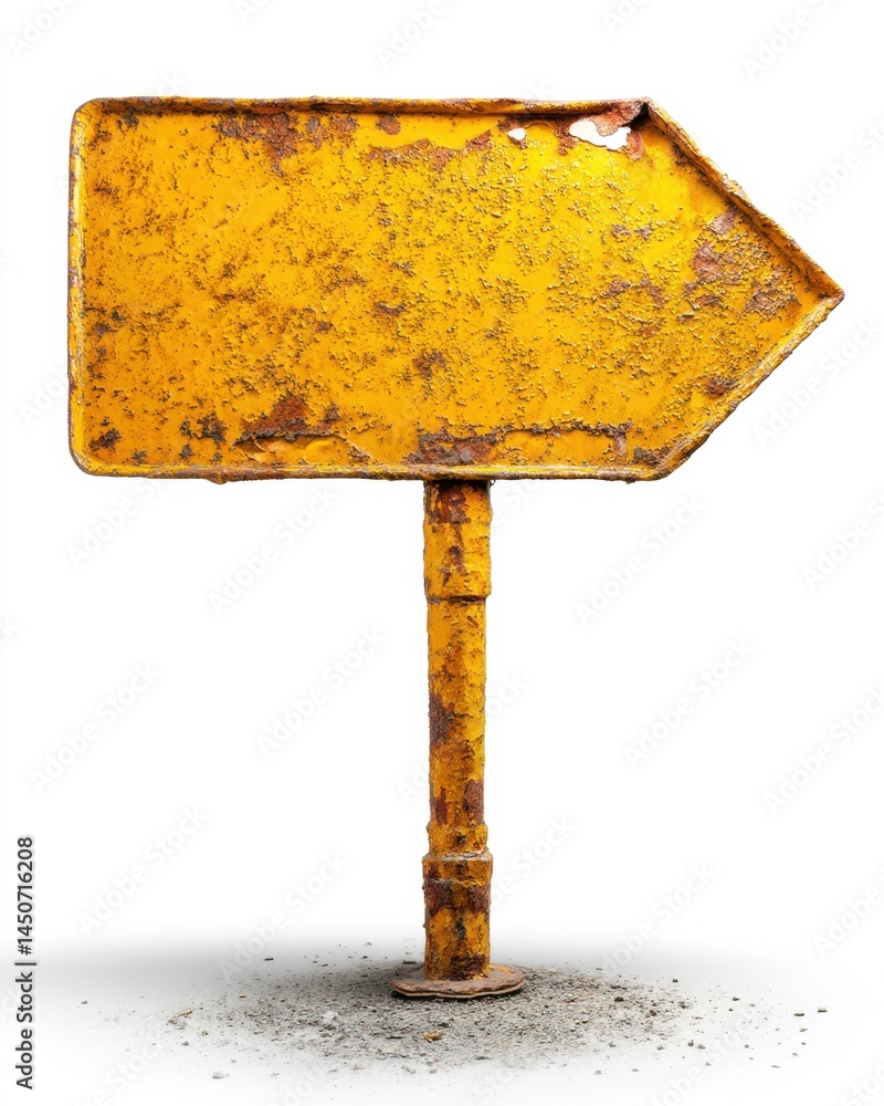 Poster weathered yellow arrow sign indicating direction with rust and peeling paint on a white background s