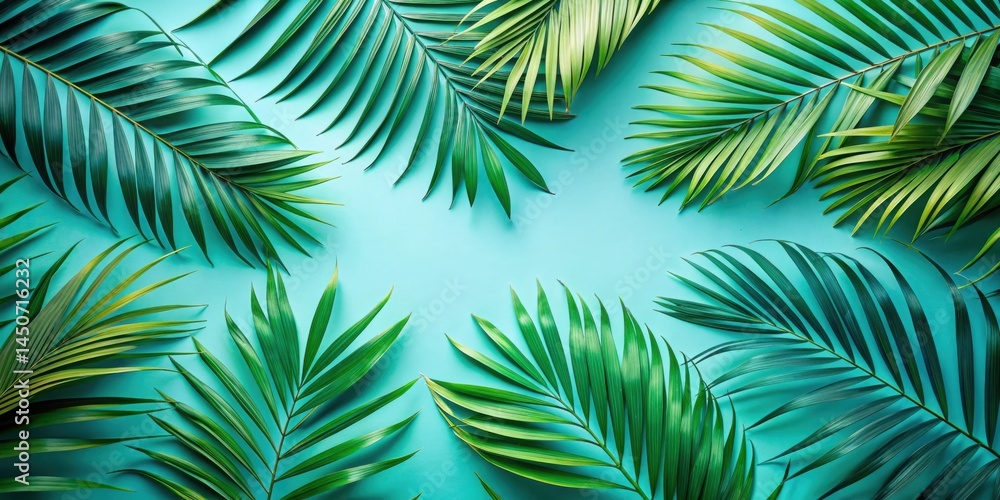 Aufkleber a vibrant turquoise background adorned with a frame of lush, tropical palm leaves, creating a refres