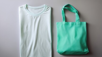 Minimalist flat lay showcasing a folded white tee shirt and a green tote bag on a gray backdrop promoting eco friendly fashion and sustainable living choices