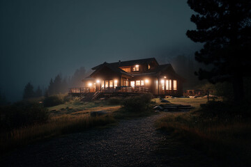 Cozy cabin illuminated at night surrounded by misty mountains and wooded landscape