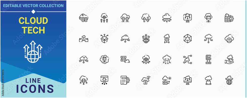 Poster cloud tech icon set. pack of computer, computing, communication, network, data and more. cloud compu