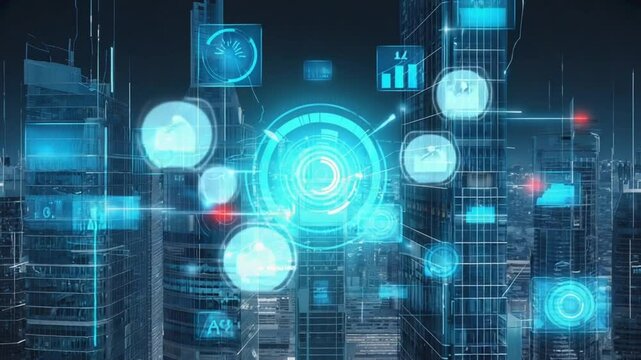 interconnected grid smart buildings. glowing map city areas high energy. data streams buildings energy-saving technologies AI algorithms power distribution, energy-efficient HVAC systems
