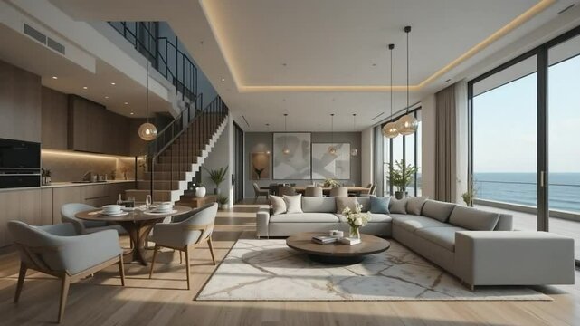Luxury modern coastal apartment interior design example with ocean view