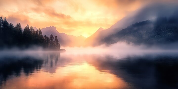 Misty sunrise over lake landscape
