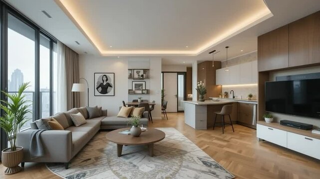 Contemporary open plan living room interior design scene