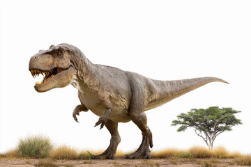 Fototapeta premium Majestic Tyrannosaurus rex stands in a grassy plain under a clear sky in a prehistoric landscape