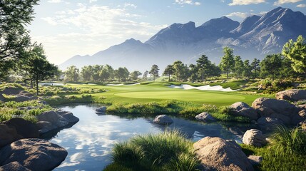 Serene golf course nestled in a mountain valley. Lush green fairways, a tranquil stream, and majestic peaks create a breathtaking landscape.