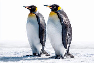 Fototapeta premium Emperor penguins stand gracefully in the snow under bright sunlight in Antarctica during winter season