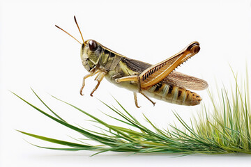 Grasshopper in mid-air above green blades of grass under bright light, showcasing its vibrant details and natural beauty