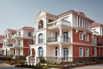 Elegant red and white villas with balconies, classical architecture, and manicured landscaping