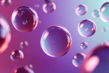 Multiple transparent spheres are floating on a smooth purple and teal background, creating a visually appealing abstract composition