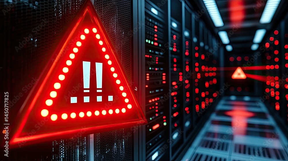 Poster glowing red warning sign with exclamation marks in data server room, alert system