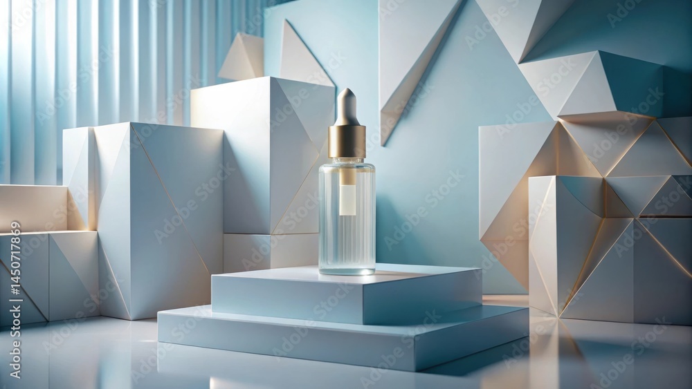 Aufkleber A minimalist abstract background featuring a glass bottle with a gold lid, resting on a layered geometric platform, surrounded by angular shapes, creating a sleek and contemporary aesthetic.