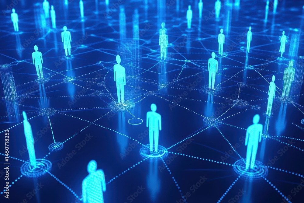 Poster network of connections showcasing people icons and data visualizations in a digital environment, net