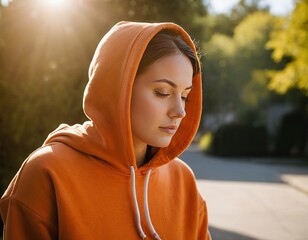 A thoughtful young woman in an orange hoodie enjoying a sunny day, radiating a calm and introspective mood.